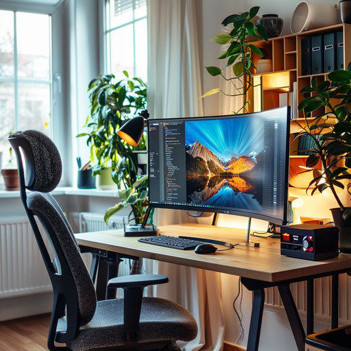 Productive home office setup with two monitors, comfortable chair, and organized desk