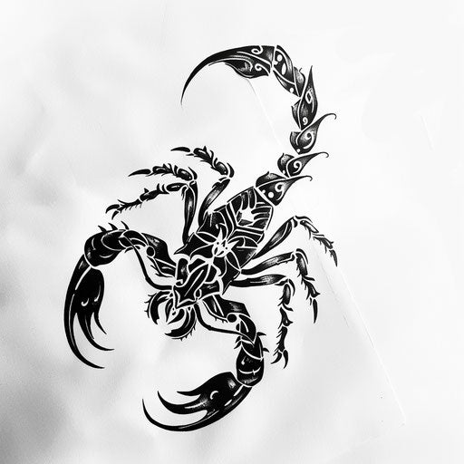 Bold tribal scorpion tattoo design on white paper