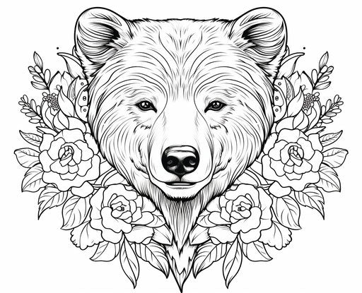 Adult coloring page of bear in fauna and flora style