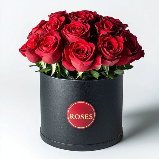 30 red roses in a round black box with the 'ROSES' logo on a white background