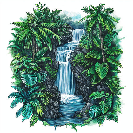 Hidden waterfall in lush forest, tropical water tattoo