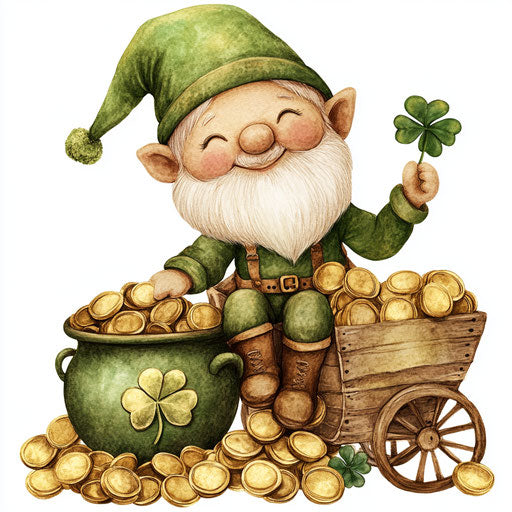 St. Patrick's Day clipart with a cute gnome on a pot of gold