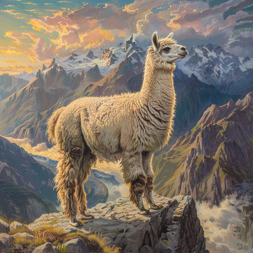 Majestic alpaca on a cliff with panoramic mountain view at dawn