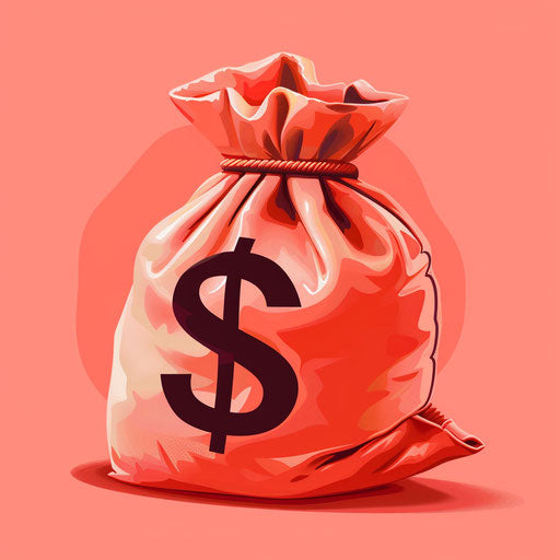 Realistic money bag clipart on vibrant coral background