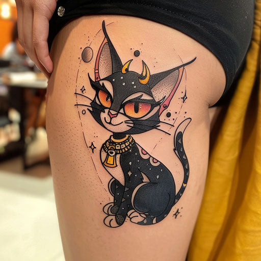Charming flat tattoo sketch of a cartoon Bastet with oversized playful features