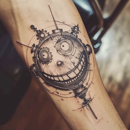 Smiley face tattoo with steampunk inspiration, metallic gears on white