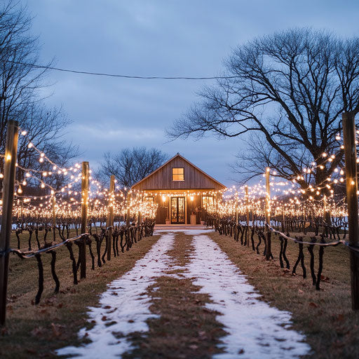 Winter vineyard with lights leading to tasting room