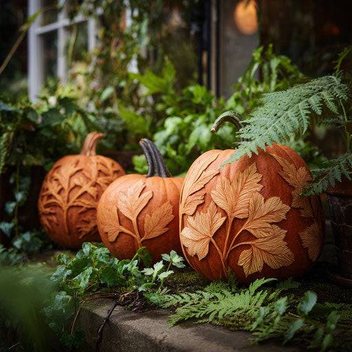 Three Carved Pumpkins Among Green Foliage