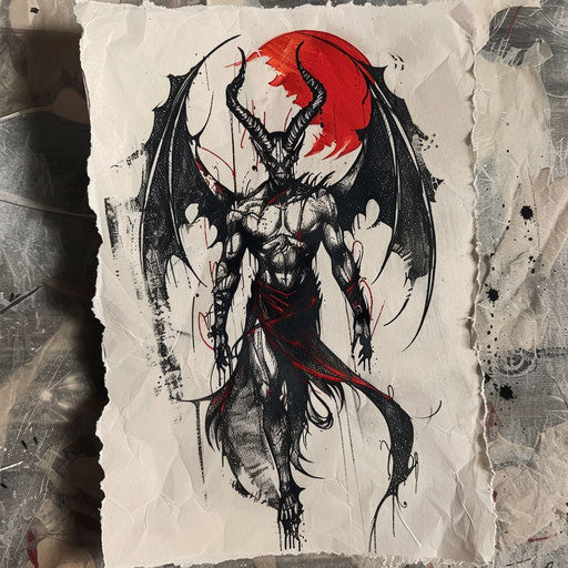 Bold flat tattoo sketch of Lucifer with dramatic black and red contrasts