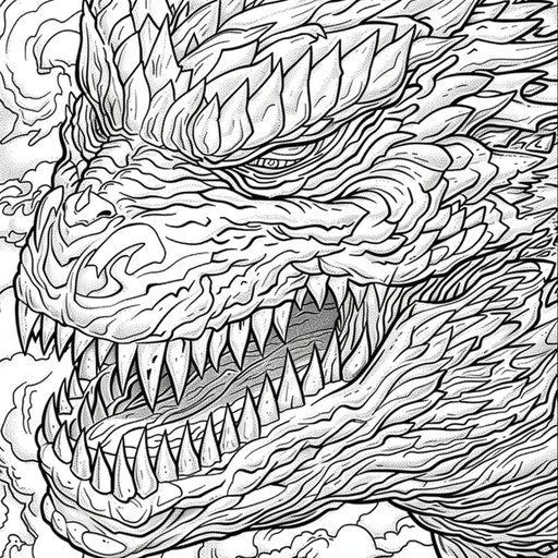 Detailed close-up of Godzilla's face with sharp teeth