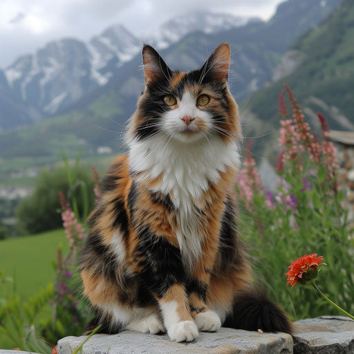 Calico cat sitting in front of mountain scenery