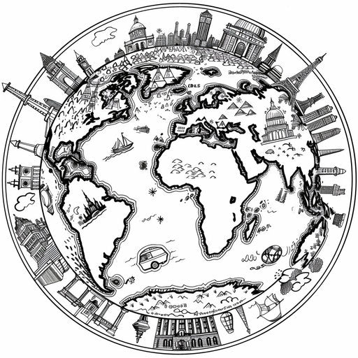 Earth with landmarks from around the world coloring page