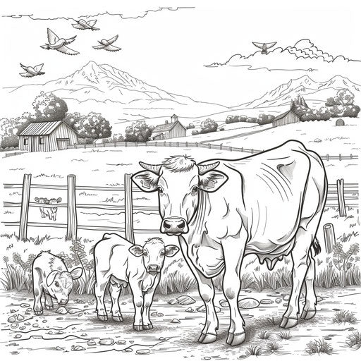 Cow family with a calf in a barnyard. Coloring book page