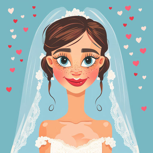 Bride in wedding party on blue background with hearts illustration