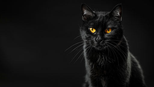 The elderly black cat with yellow eyes on black background