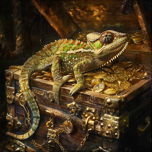 Chameleon hiding in a pirate's treasure chest