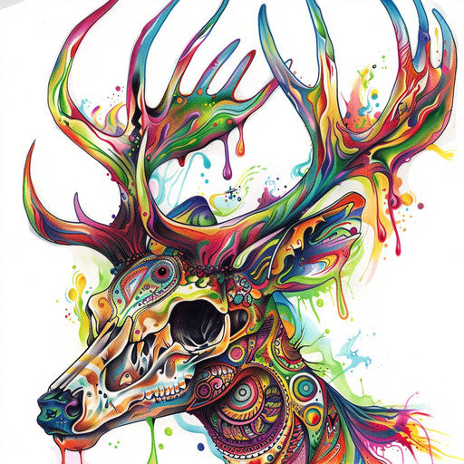 Psychedelic deer skull with swirling colors and trippy patterns, bold and colorful, on white