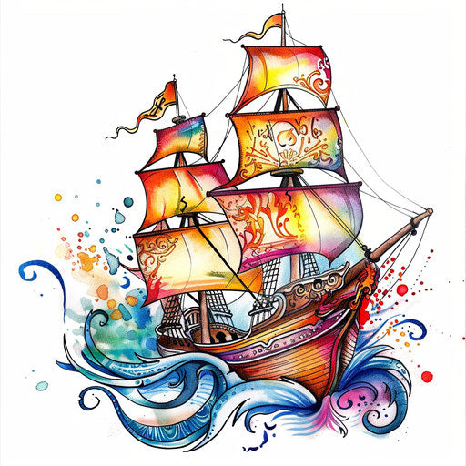 Whimsical tattoo sketch of a colorful pirate ship