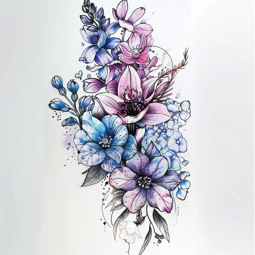 Birth flower bouquet in modern flat tattoo sketch