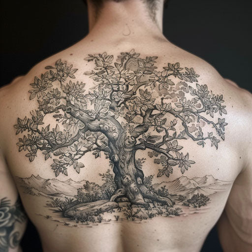 Meaningful tattoos for men featuring a detailed tree of life, in the style of Maria Sibylla Merian, on the back