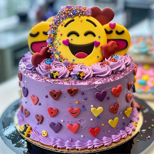 Purple cake with yellow smiley face, hearts and emoticons