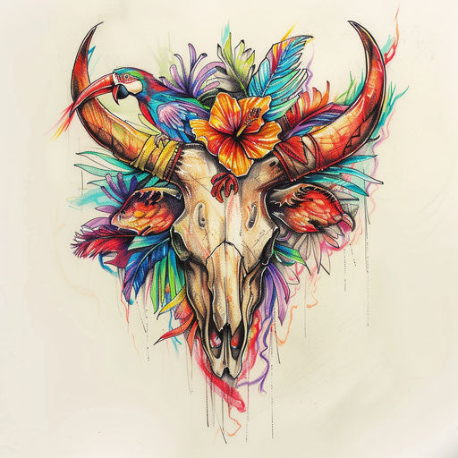 Exotic tattoo sketch of a cow skull with tropical flowers and vividly colorful parrot feathers