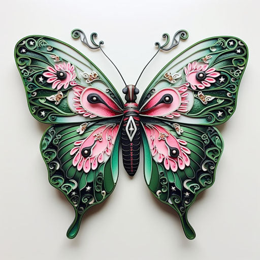 Pink and green butterfly brooch, beauty of black and white mastery