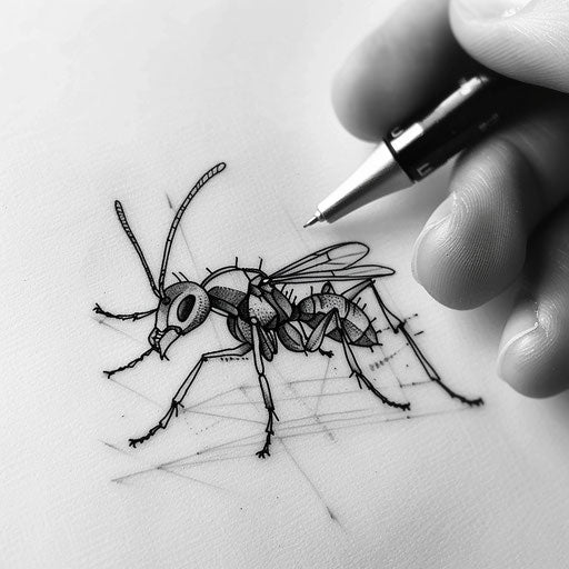 Flat tattoo sketch of a minimalist ant