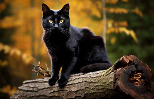 A black cat sitting on a log, in a wiccan style, strong expression