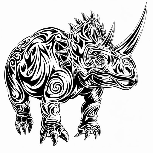 Illustration of a triceratops tattoo design in tribal style, presented on a white backdrop.