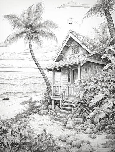 The beach hut with palm trees, meticulous inking style
