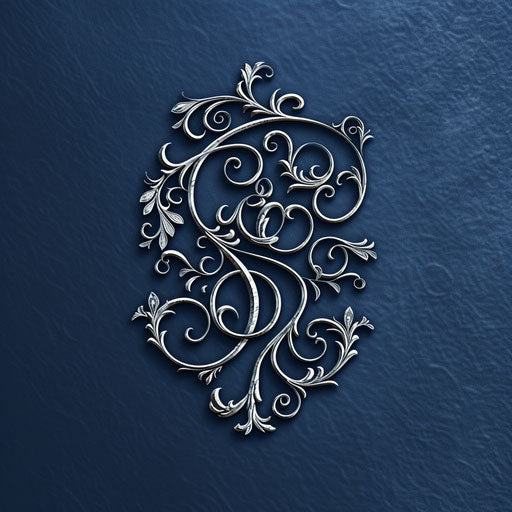 Graphic design logo with a monogram and delicate filigree, silver accents on dark blue background