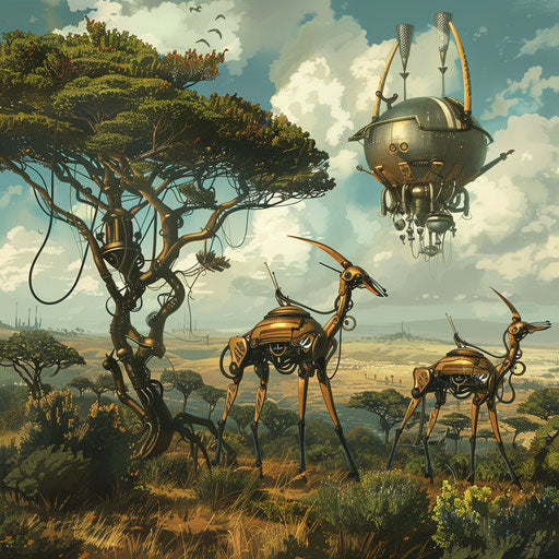 Steampunk African savannah with mechanical gazelles