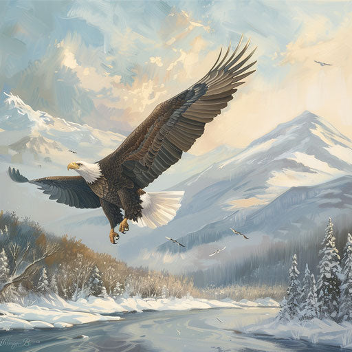 Majestic bald eagle gliding over snowy landscape