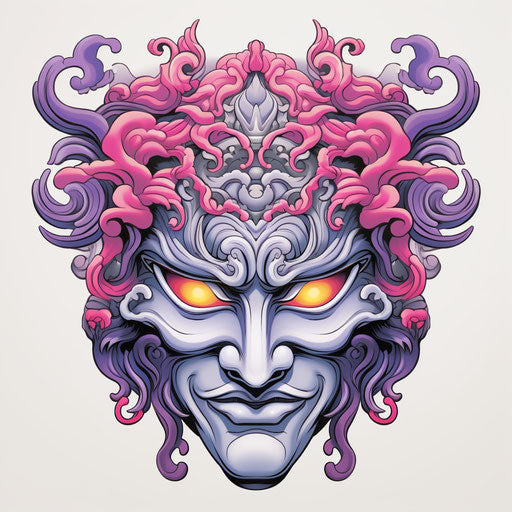 Japanese lord mask tattoo, captivating, light gray and magenta