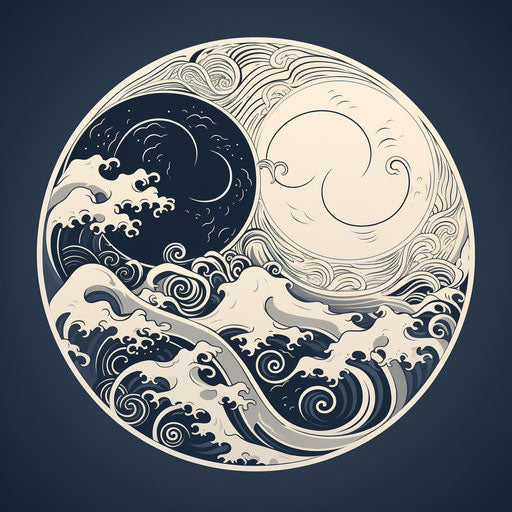 Yin and yang symbol, Asian tattoo design, hand-coloring style