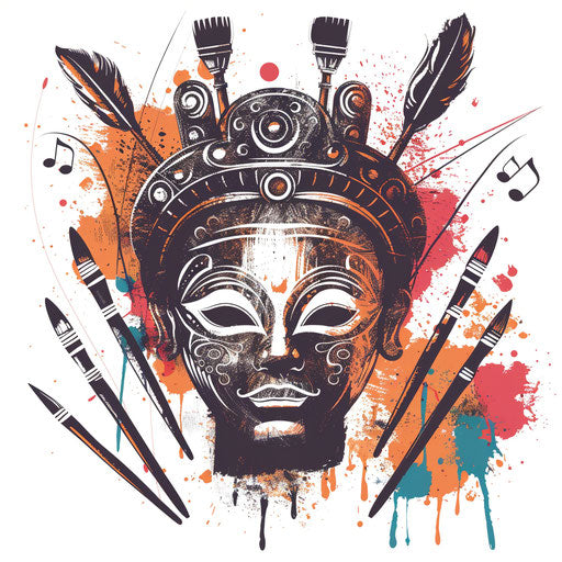 Traditional mask surrounded by musical notes and art brushes