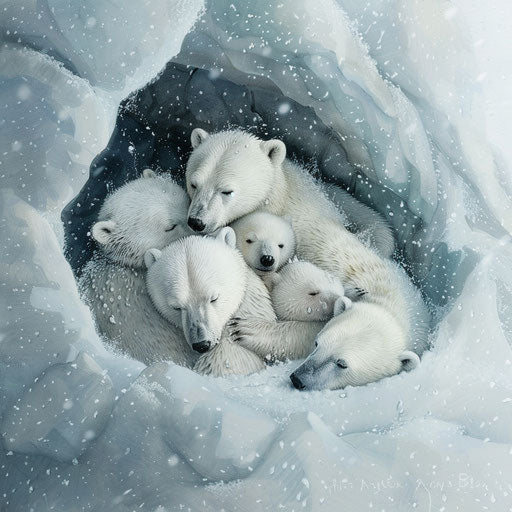 Polar bear family huddled for warmth in snow during Arctic storm