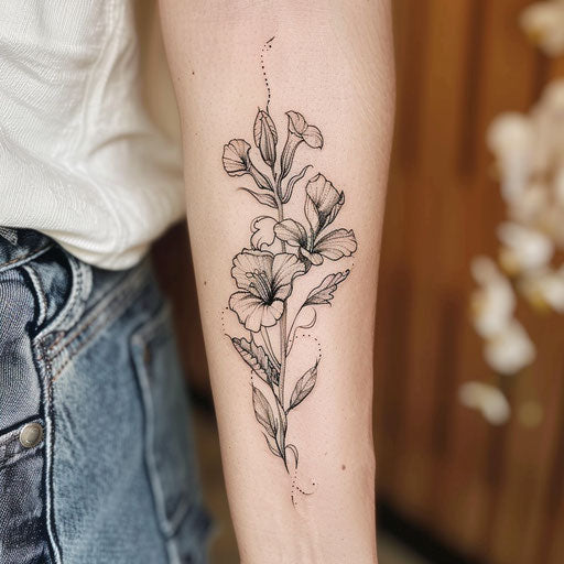 Floral fine line tattoo in the style of M. S. Merian