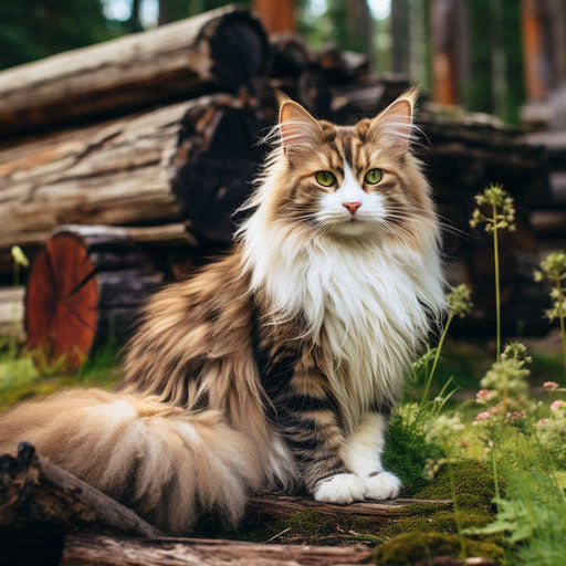 Norwegian forest cat in front of a log cabin