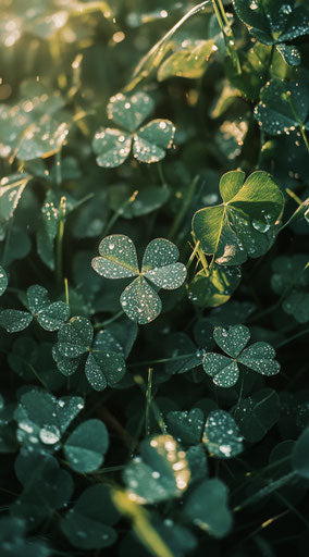 Four-leaf clover in grass with sunlight and dewdrops