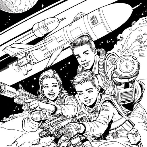 Teens on space mission comic book style