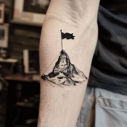 Minimalistic and clean tattoo sketch of a black flag on a stark mountain peak