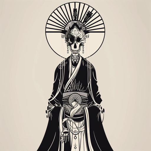 Vintage flat tattoo sketch of a shinigami in a 1920s style outfit with art deco elements