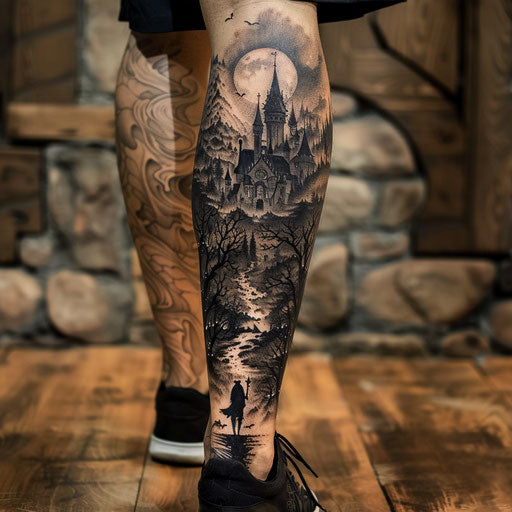 Dark and gothic leg tattoo with sinister creatures