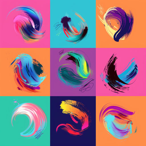 Logos with brush stroke elements and colorful palette