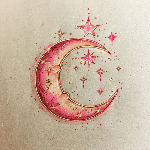 Mystical flat tattoo sketch of a pink crescent moon with twinkling stars