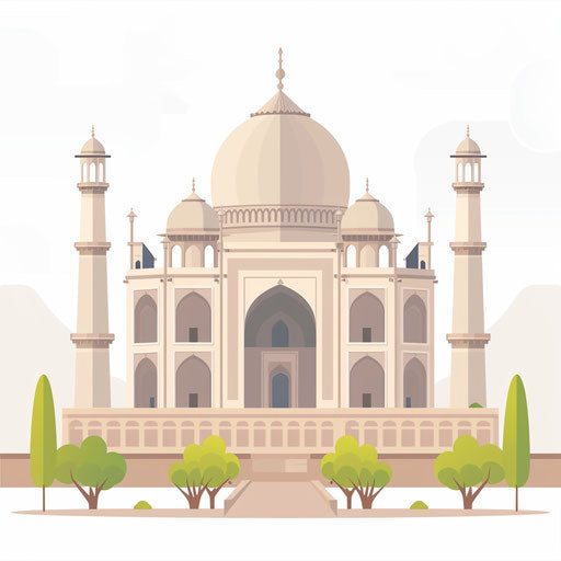 Taj Mahal clipart in photo realistic style with a flat random background, minimalist design and subtle shading