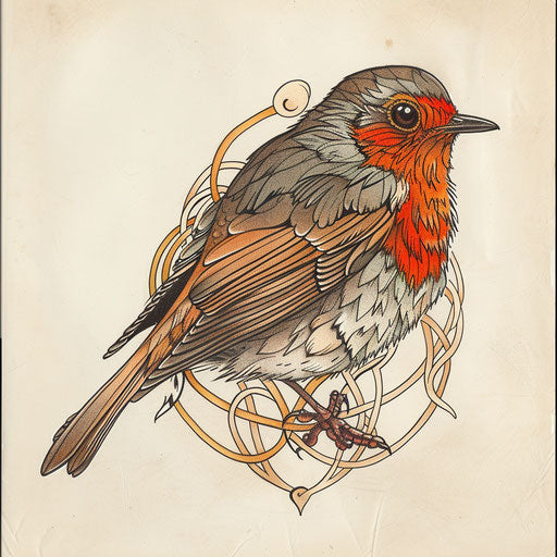 Cultural flat tattoo sketch of a robin with Celtic knots