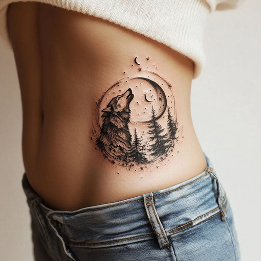Rib tattoos women wolf howling moon trees Glenn Fabry style